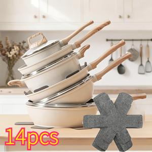 TEMU 14개 냄비 및 프라이팬 보호대 세트. 쌓을 수 있는 두께와 크기의 3가지 사이즈로 제작되어 주방 조리기구를 안전하게 보호합니다.