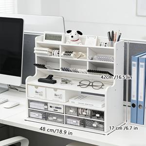 TEMU 업그레이드된 헤비듀티 두꺼운 이중 하단 선반 - 곰팡이 방지 데스크탑 책장 & 펜 홀더 정리함, 광택 처리, 기숙사, 사무실 수납용, 공간 절약형 투티어 선반 (책, 문구류, 책상용)|책상|책꽂이|책장