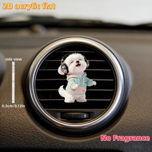 TEMU 2D 평면, 1개 귀여운 말티즈 강아지 차량 에어벤트 클립 (스웨터 & 헤드폰 포함) - 무취 스펀지 리필 가능 향기 디퓨저, 사랑스러운 아크릴 강아지 장식 대시보드 액세서리 (향기 미포함), 2D 평면