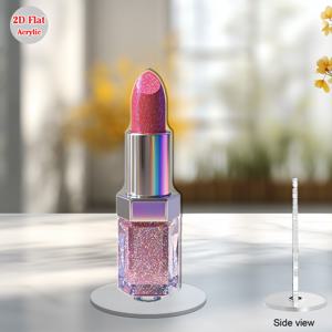 TEMU 2D 플랫 - 회전하는 아크릴 테이블탑 장식이 있는 생생한 핑크 립스틱 모양의 2D 평면 디자인. 상단에는 반짝이는 스팽글 장식이 있으며, 크리스탈처럼 보이는 받침대 위에 금속적인 무지개빛 은색 캡이 놓여 있습니다.