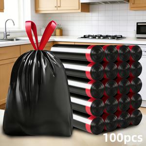 TEMU 100개 두꺼운 내구성 끈달린 쓰레기봉투 - 누수방지, 냄새차단, 대용량 플라스틱봉투 (빨간 리본 포함), 사무실, 가정, 쓰레기통에 적합. 내구성 강화, 휴대 간편, 가정용 폐기물 처리에 특화
