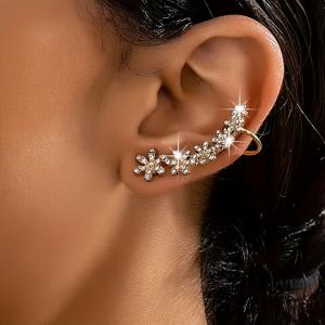 TEMU 여성용 우아한 라인스톤 꽃 귀걸이 커프스 한 쌍 – 반짝이는 아연 합금 디자인, 파티, 휴일, 캐주얼 의상에 완벽함