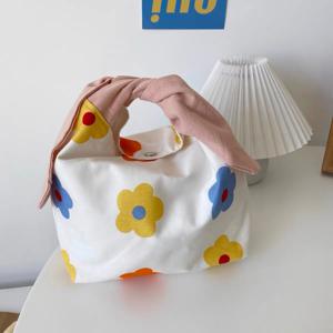 TEMU 식품 접촉 불가 꽃무늬, 스타일리시한 데이지 디자인 보온 도시락 가방, 재사용 가능한 도시락 팩, 가볍고 컴팩트함, 직장에서 도시락 보관에 적합, 편리한 토끼 귀 디자인으로 휴대 용이
