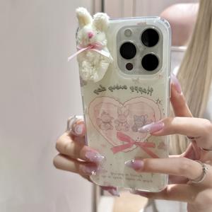 TEMU 아이폰 11 12 13 프로맥스용 투명 화이트 라이트 러브 나비 토끼 고양이 폰케이스 + 플러시 리본 토끼 인형