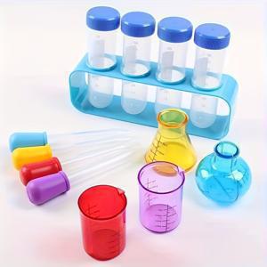 TEMU 13개/세트 시험관 및 스포이드, 초보자용 컬러 시험관 세트, 내구성 좋은 플라스틱 스포이드 시험관 세트, 총 13개 (4개 계량컵, 4개 스포이드, 4개 시험관, 1개 시험관 랙 포함), 측정, 분배, 물주기에 적합