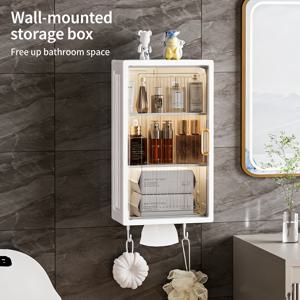 TEMU 벽걸이형 플라스틱 수납 상자 | 접이식, 방진 및 방수, 욕실 및 주방에 적합, 투명 도어, 화장품 및 필수품을 위한 튼튼한 정리함, 선반