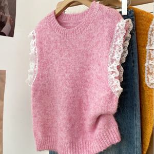 TEMU 신상 봄/여름 여성용 활용도 높은 단색 민소매 라운드넥 탱크탑, 프렌치 스타일 레이스 패치워크 장식 조끼, 핑크 여성용 겨울 스웨터 ASD1 디렉셔널