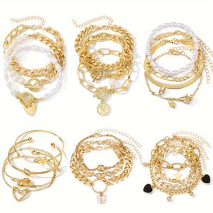 TEMU 21개/세트 유럽 및 미국 레트로 골드 멀티 레이어 스택 브레이슬릿 세트 패션 모조 진주 쿠바 체인 혼합 메탈 에뮬레이드 러브 하트 로즈 체인 팔찌 세트 여성용 주얼리 선물