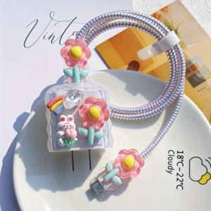 TEMU 애플 18W/20W 충전기 케이스 세트 5개 - 귀여운 3D 꽃 & 토끼 케이블 보호대 포함, 애플 어댑터용, 아이폰, 아이패드, 기기 내구성 플라스틱 커버