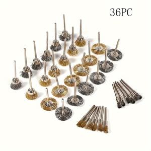 TEMU 로터리 공구용 황동 와이어 브러시 광택 휠 36개 세트. 3mm 생크 스틸 및 구리 와이어 미니 그라인딩 헤드 포함. T자형 및 볼형 소형 브러시 포함, 주얼리 광택용.