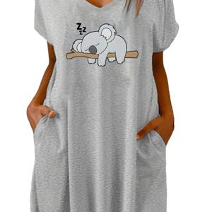 TEMU 코알라가 가지에 잠자는 프린트가 있는 캐주얼 포켓 티셔츠 원피스