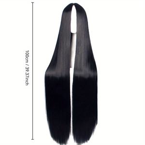 TEMU 여성을 위한 100cm 긴 블랙 가발, 흰색과 검은색 중앙 머리칼로 유니버설한 만화 코스프레에 이상적
