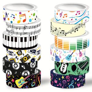 TEMU NIKOMIE 뮤직 종이 테이프 세트, 12 롤 장식 종이 테이프, 음표, 피아노 건반, 기타, CD 패턴 스크랩북, DIY 공예, 저널링 및 선물 포장, 비 방수 공예 테이프