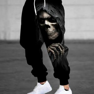 TEMU 남성용 3D 할로윈 해골 프린트 조거 팬츠 - 드로스트링 허리 & 포켓이 있는 풀레인지 스켈레톤 그래픽 캐주얼 바지, 기계 세탁 가능 레귤러 핏 노벨티 스트리트웨어, 캐주얼 의상, 엣지 스타일, 편안한 원단, 트렌드 팔로워