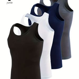 TEMU 남성용 조끼 4종 세트 (블랙, 화이트, 그레이, 네이비 블루). 스타일리시하고 통기성이 좋으며, 빠른 건조 시간으로 스포츠 및 피트니스에 적합합니다. 이 캐주얼한 단색 상의는 남성 여름 의류로 완벽합니다.|남자나시