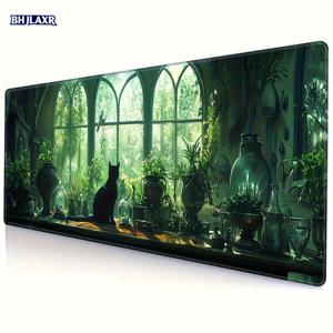 TEMU 초대형 기발한 검은 고양이 & 무성한 녹색 식물 데스크 매트 | 