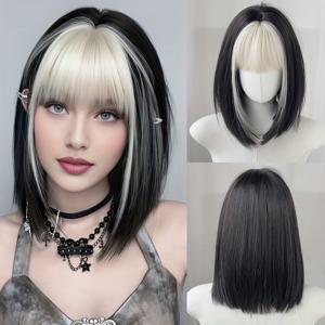 TEMU 코스튬 밥 가발 숏 옴브레 블랙 가발 앞머리 포함 고밀도 실버 화이트 여성용 데일리 파티용 내열성 합성 가발 할로윈 드레스업 가발 16인치