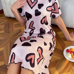 TEMU 여성용 캐주얼 반팔 슬립셔츠 나이트가운 - 하트 프린트 라운드넥 러플 밑단 티셔츠 드레스, 봄 여름 가을용 경량 세탁 가능 라운지웨어, 장난기 있는 프린트 디자인, 쉬운 관리 원단