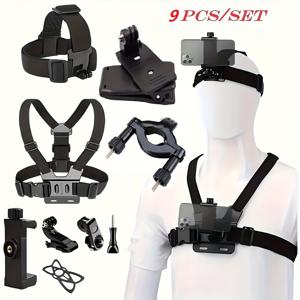 TEMU 다용도 9-in-1 액션 카메라 키트 (모바일 폰용 조절식 마운트, 스트랩, 가슴 스트랩 포함), gopro 12, SJCAM, DJI, Insta360 및 스마트폰과 호환, 안정성 향상을 위해 설계