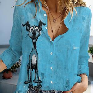 TEMU 여성용 봄/가을 캐주얼 칼라 버튼셔츠 - 3D 디지털 강아지 프린트 긴팔 블라우스, 아웃도어 & 캐주얼 복장, 세탁기 사용 가능 코디네이트 의상 (비-)