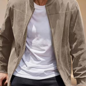 TEMU 남성용 캐주얼 레트로 스타일 경량 지퍼업 재킷 - 단색, 세탁기 사용 가능, 야구 칼라