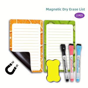 TEMU 냉장고용 자석 지우개 칠판 2개 세트 (3가지 굵기 마커 및 지우개 포함). 쇼핑 목록, 식단 계획, 할 일 목록 및 일상 정리에 적합하며, 오렌지 키위 과일 디자인으로 구성되어 있습니다.