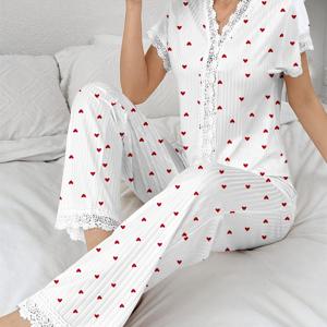 TEMU 여성용 우아한 V넥 플로럴 프린트 세트 - 긴소매, 버튼업, 반팔, 긴 바지, 부드럽고 편안함, 가을/겨울에 완벽, 캐주얼 홈웨어, 포근한 홈웨어 | 플로럴 프린트 세트 | 편안한 착용감, 여성잠옷, 잠옷 세트 여성, 잠옷 여성, 잠옷