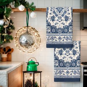 TEMU 2개 파란색 에스닉 스타일 패턴 수건, 식기 세척용 프린트 행주, 주방 장식, 테이블 장식, 주방 용품, 청소 용품, 욕실 용품, 홈 데코, 신축 개장 선물 (새 욕실용), 모든 휴일에 적합