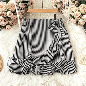 TEMU 캐주얼 봄/여름 컬러 블록 리본 러플 헴 스커트