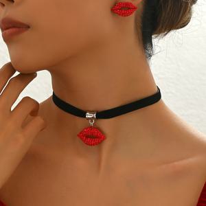 TEMU 2개 세트 섹시 레드 립 펜던트 & 대형 귀걸이 블랙 벨벳 목걸이 | 간편하고 우아함, 아연 합금, 모든 계절에 적합, 브랜드: LORYLIN