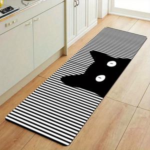 TEMU 1개 긴털 플란넬 + 1cm 스펀지 베이스 주방 러그, 검정과 흰색 디자인에 고양이 얼굴 패턴, 폴리에스터 소재, 미끄럼 방지, 실내 및 실외 사용에 적합, 속건성 주방 매트 및 화장실 발 매트|발매트
