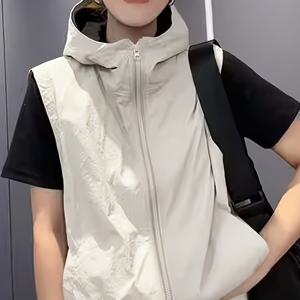 TEMU 여성용 가벼운 캐주얼 후드 지퍼업 조끼 - 슬리브리스 솔리드 컬러, 기계 세탁 가능, 봄 여름 가을 레이어링 필수 아이템, 오버사이즈 핏, 신축성 없는 원단