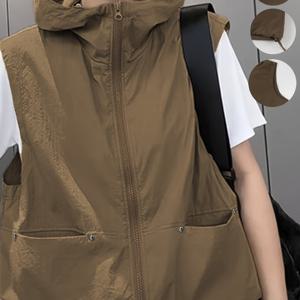 TEMU 다용도 여성용 캐주얼 경량 편안한 단색 후드 집업 조끼, 더블 포켓 디자인|민소매