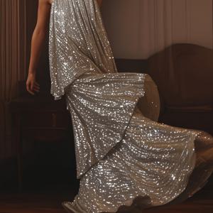 TEMU 우아한 여성용 스팽글 백리스 점프수트 - 스타일리시한 오프숄더, 플로잉 A라인 디자인, 파티, 결혼식 및 약혼에 적합 | 신축성 없는 원단, 포멀 이벤트 점프수트 | 스팽글 장식 점프수트 | 원단 재질