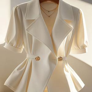 TEMU 여성용 솔리드 컬러 프론트 버튼 반팔 블라우스 - 우아한 노치 라펠 칼라, 봄/여름용 가벼운 세탁 가능 셔츠, 캐주얼 및 정장용 다목적 여성 블라우스