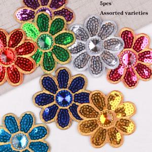 TEMU YWLI 5개/봉 혼합 컬러 에스닉 의상용 팔각형 꽃 시퀸 패치 DIY 자수 천 패치