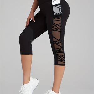 TEMU 새로운 여성용 카프리 팬츠 - 엉덩이 리프팅, 메쉬 패치워크, 포켓 요가 팬츠