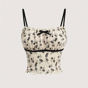 TEMU 새로운 봄과 여름 귀여운과 Gyaru 꽃 프린트 메쉬 소재 상추 트림 장식 리본 장식 스트랩 탑