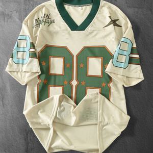 TEMU 2025년 여름 신상 남성용 V넥 루즈핏 컬러 블록 디지털 프린트 통기성 스포츠 티셔츠, 드롭 숄더 디자인 남성 축구 팀 저지