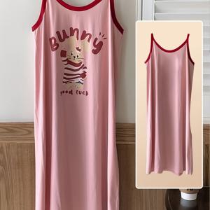 TEMU 1개 여성용 귀여운 토끼 프린트 민소매 나이트가운 - 중간 길이 경량 여름 수면복 