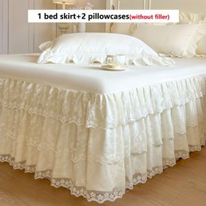 TEMU 피부 친화적인 브러시 원단, 하이 더블 레이어 레이스, 나비 장식이 특징인 흰색, 카키색, 팥소색의 단색 침대 스커트 키트 세트 (침대 스커트 1개 + 베갯잇 2개). 다중 레이어 레이스 장식이 있는 타이 디자인으로 스타일리시하고