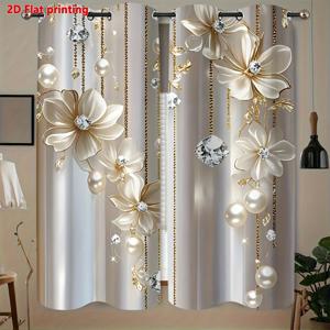 TEMU 2D 플랫, 2개 세트, 골드 & 실버 꽃과 진주 풍경 프린팅 커튼, 펀칭 설치 방식, 디지털 프린팅 소프트 폴리에스터 원단, 거실/부엌/침실/사무실/호텔/레스토랑 홈 데코레이션용, 2D 플랫