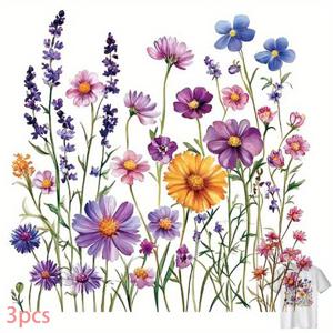 TEMU 3개입 보라색 라벤더 + 핑크 꽃 + 노란색 데이지 + 파란색 코른플라워 + 주황색 마리골 패턴 티셔츠 열전사 스티커 열전사 데칼, 백팩 및 쿠션에 적합, 간편한 작동, 초보자 친화적, 높은 내구성