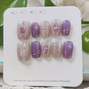 TEMU 10개입 분할 포장 인조 손톱 - 원본 사진 - 드림 퍼플 고양이 숏 황금색 웨어러블 네일 매니큐어 (젤리 글루 + 네일 파일 포함)