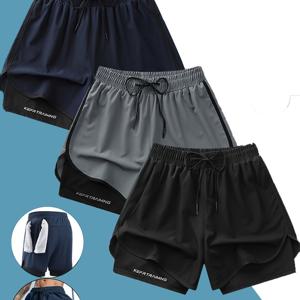 TEMU [Shule Water Obm] 여름 남성 스포츠 피트니스 반바지 3종 세트, 약간의 신축성 있는 단색, 속건성, 통기성, 드로스트링 허리 디자인의 페이크 투피스 디자인, 야외 활동, 러닝, 피트니스에 적합