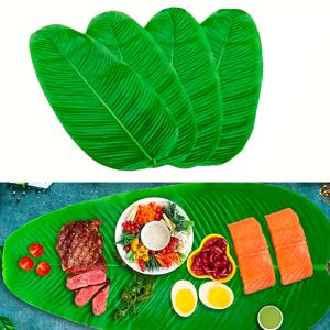 TEMU 하와이안 루아우 파티, 정글 해변 테마, 결혼식 및 홈 키친 테이블 장식용 열대 장식을 위한 바나나 잎 4개 세트