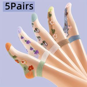 TEMU 여름용 신상 얇은 스타킹 5켤레, 얕은 입구 투명 양말, 통기성 보트 양말, 유리섬유 숏 양말, 플로럴 양말
