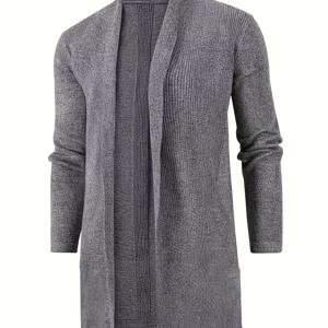 TEMU 남성용 스타일리시 그레이 니트 가디건 - 캐주얼 롱 슬리브 오픈 프론트 스웨터, 리브드 커프스, 가을/겨울 따뜻한 캐주얼 의상용 스웨터 가디건