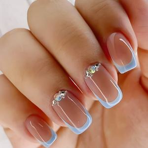 TEMU 24개 세트의 반짝이는 아몬드 모양 프레스온 네일. 핑크 & 블루 디자인에 라인스톤이 특징입니다. 재사용 가능하며, 광택 있는 끝을 제공합니다.