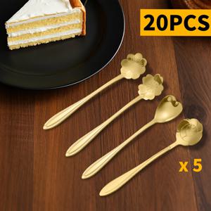 TEMU 20개 스테인리스 티스푼 세트, 플로럴 디자인 커피 스푼, 귀여운 골든 티스푼 - 디저트, 차, 꿀 저어용 | 티 파티, 레스토랑 & 홈 키친에 완벽한 주방 액세서리 | 휴일 선물, 4.8인치